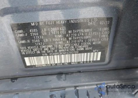 2013 Subaru Outback 2.5I Premium из США, поврежденный, VIN 4S4BRCBC6D3292700